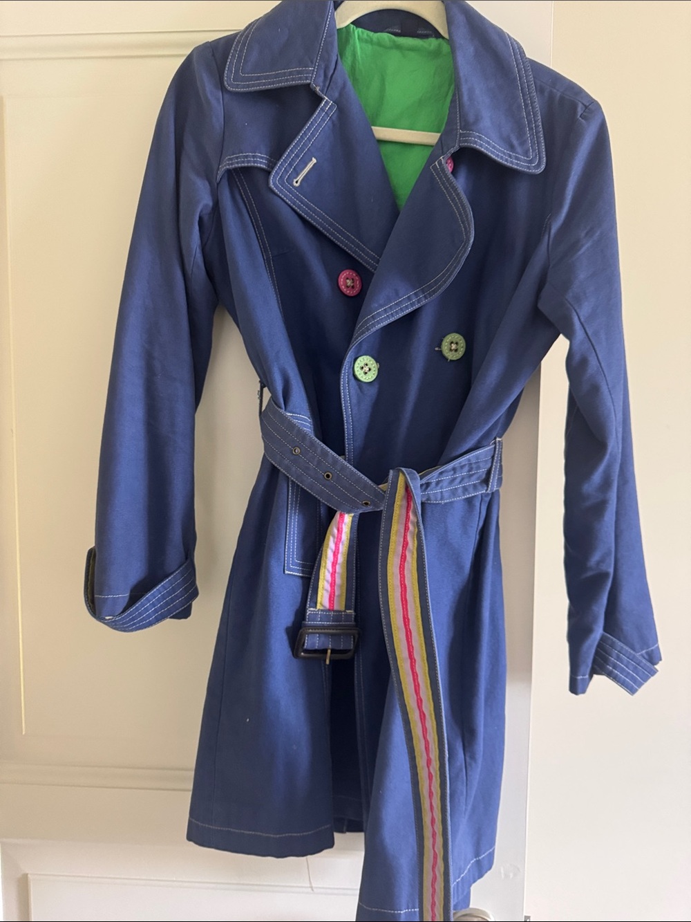Boden Navy Trench Coat with Green Lining and Multicolor Buttons Size 6-8